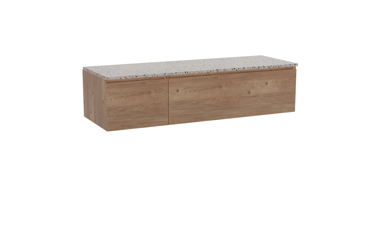 Storke Edge meuble salle de bains suspendu 150 x 52 cm chêne brut avec Tavola tablette simple ou double en blanc/noir mat terrazzo