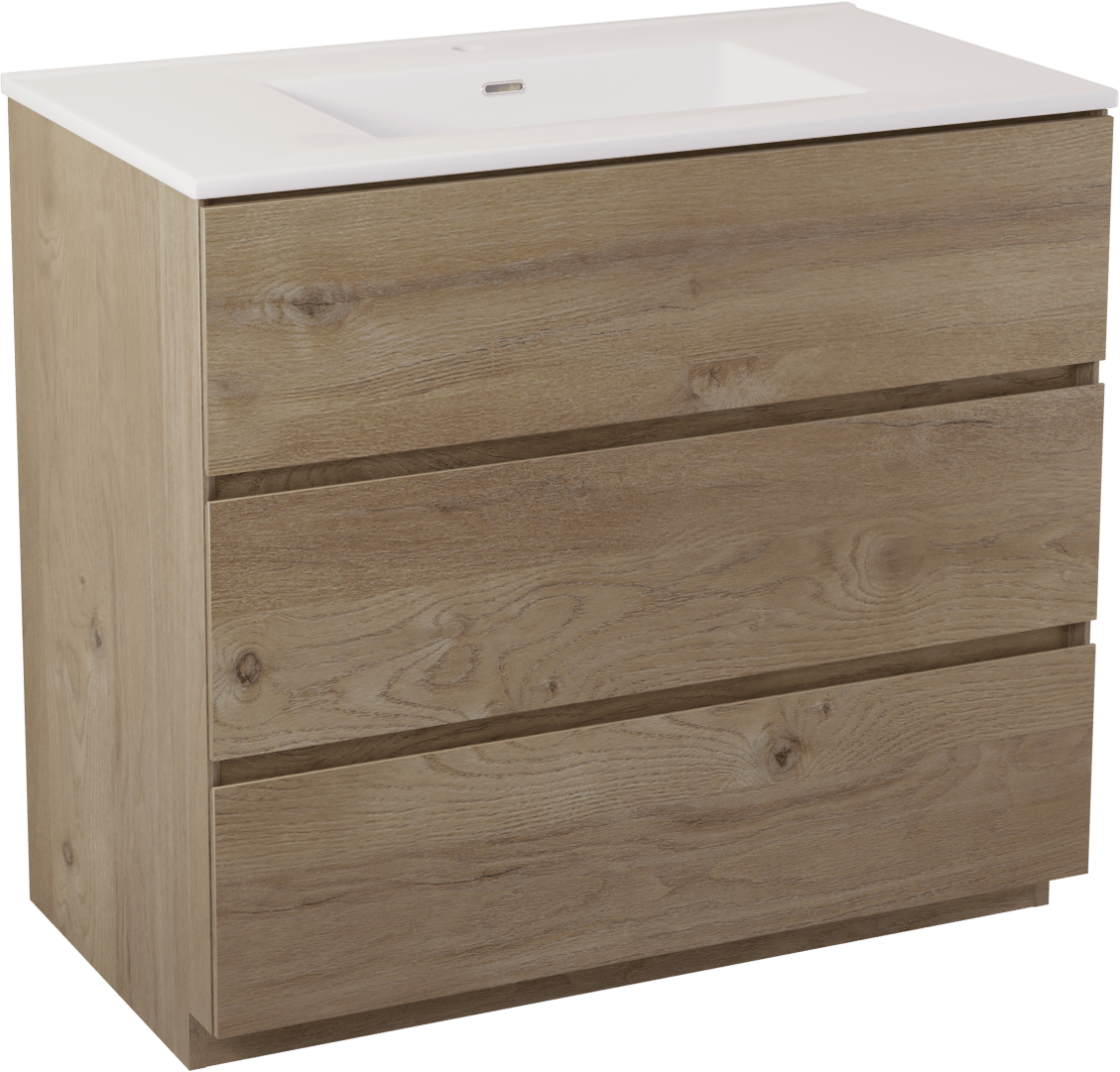 Storke Edge staand badmeubel 95 x 52 cm ruw eiken met Kera enkele wastafel in porselein hoogglans wit, afvoerplug inbegrepen