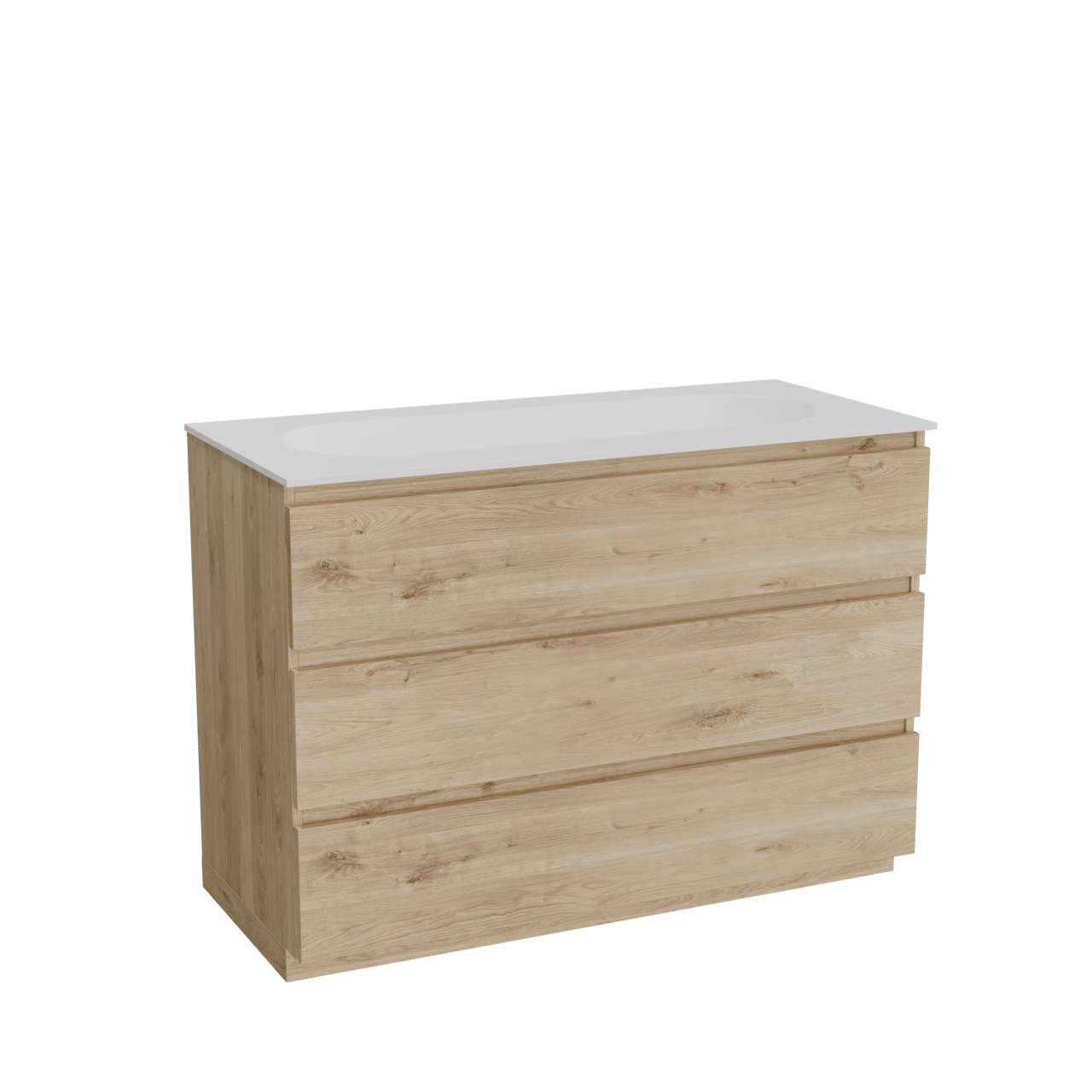 Balmani Lucida staand badkamermeubel 120 x 55 cm ruwe eik met Tablo Oval enkele wastafel voor 2 kraangaten in solid surface mat wit