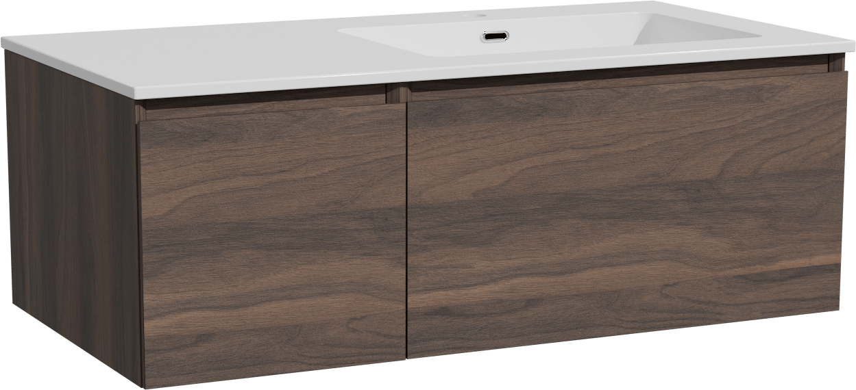 Storke Edge zwevend badmeubel 100 x 52 cm notenhout met Diva asymmetrisch rechtse wastafel in composietmarmer hoogglans wit