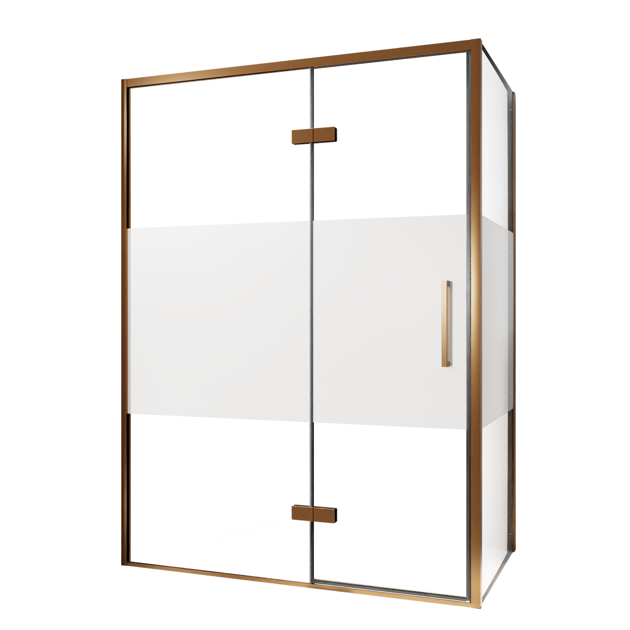 Balmani Senses Design Eckdusche: Drehtür (Links) mit fixierte Seitenwand, 140 x 100 cm, Klarglas mit mattiertem Streifen, Profil Brushed Rosegold