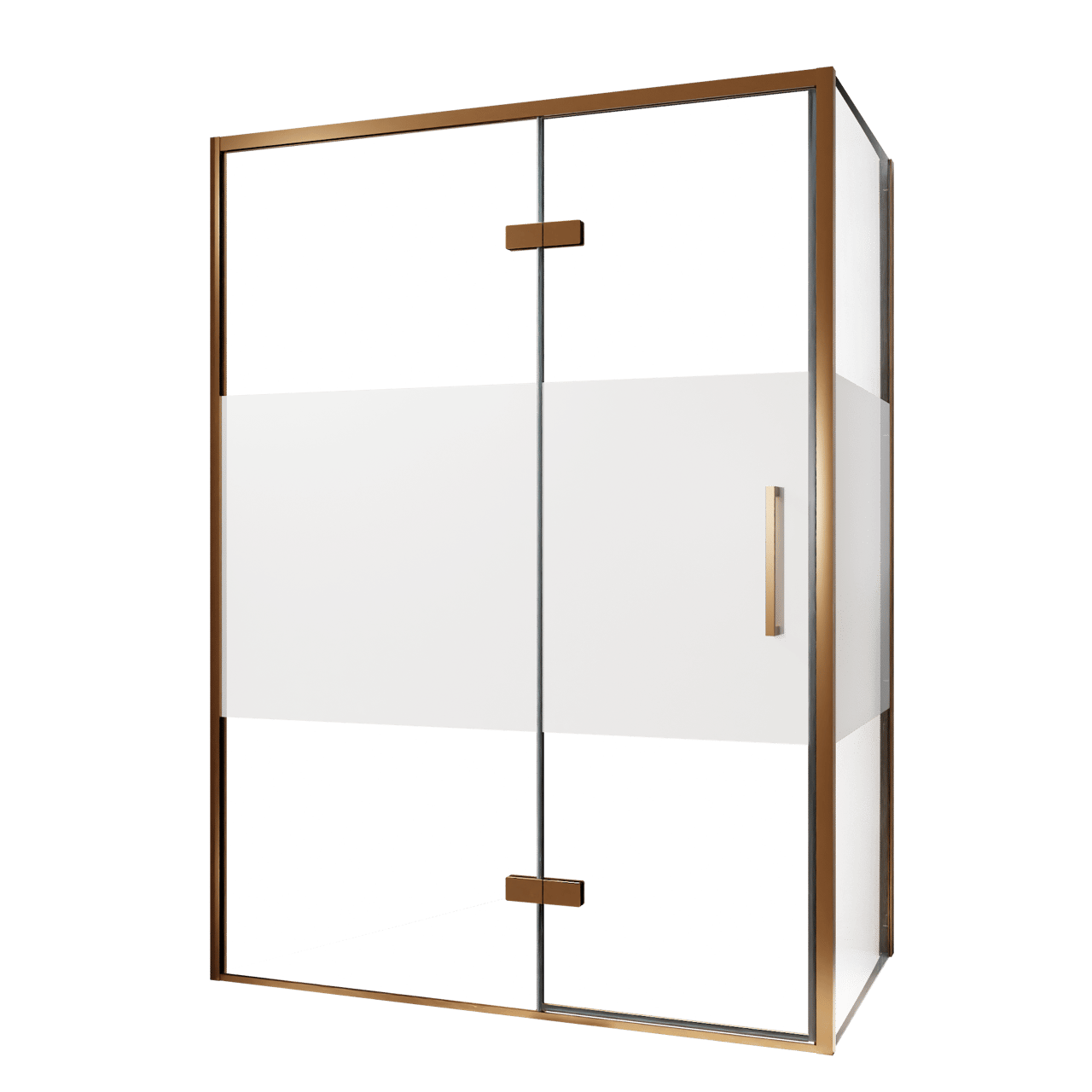 Balmani Senses Design Eckdusche: Drehtür (Links) mit fixierte Seitenwand, 140 x 100 cm, Klarglas mit mattiertem Streifen, Profil Brushed Rosegold