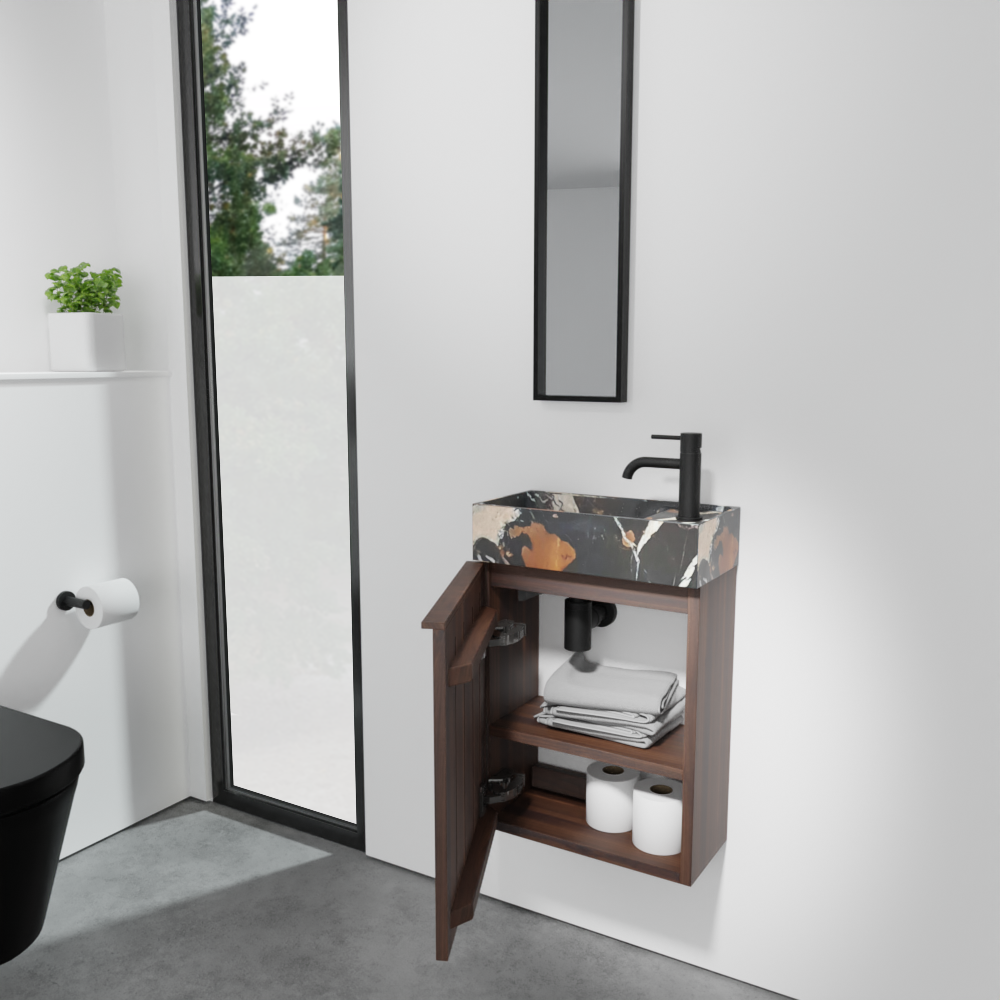 Balmani Forma meuble wc suspendu 42 x 21 cm noyer américain avec Dama plan vasque en marbre Portoro Gold