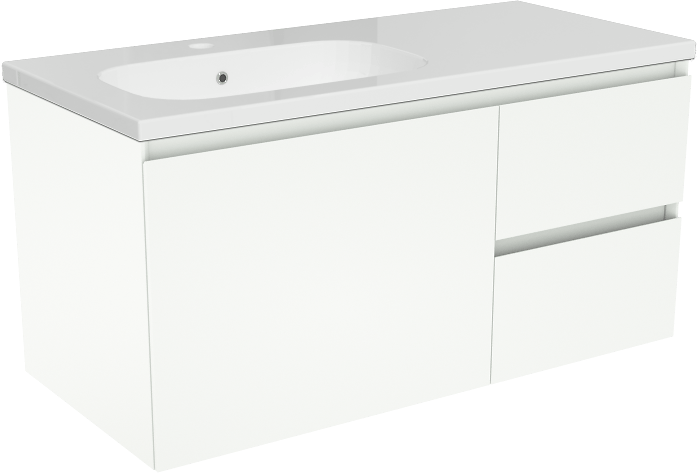 Storke Edge zwevend badkamermeubel 100 x 46 cm mat wit met Planza asymmetrisch linkse wastafel in composietmarmer glanzend wit