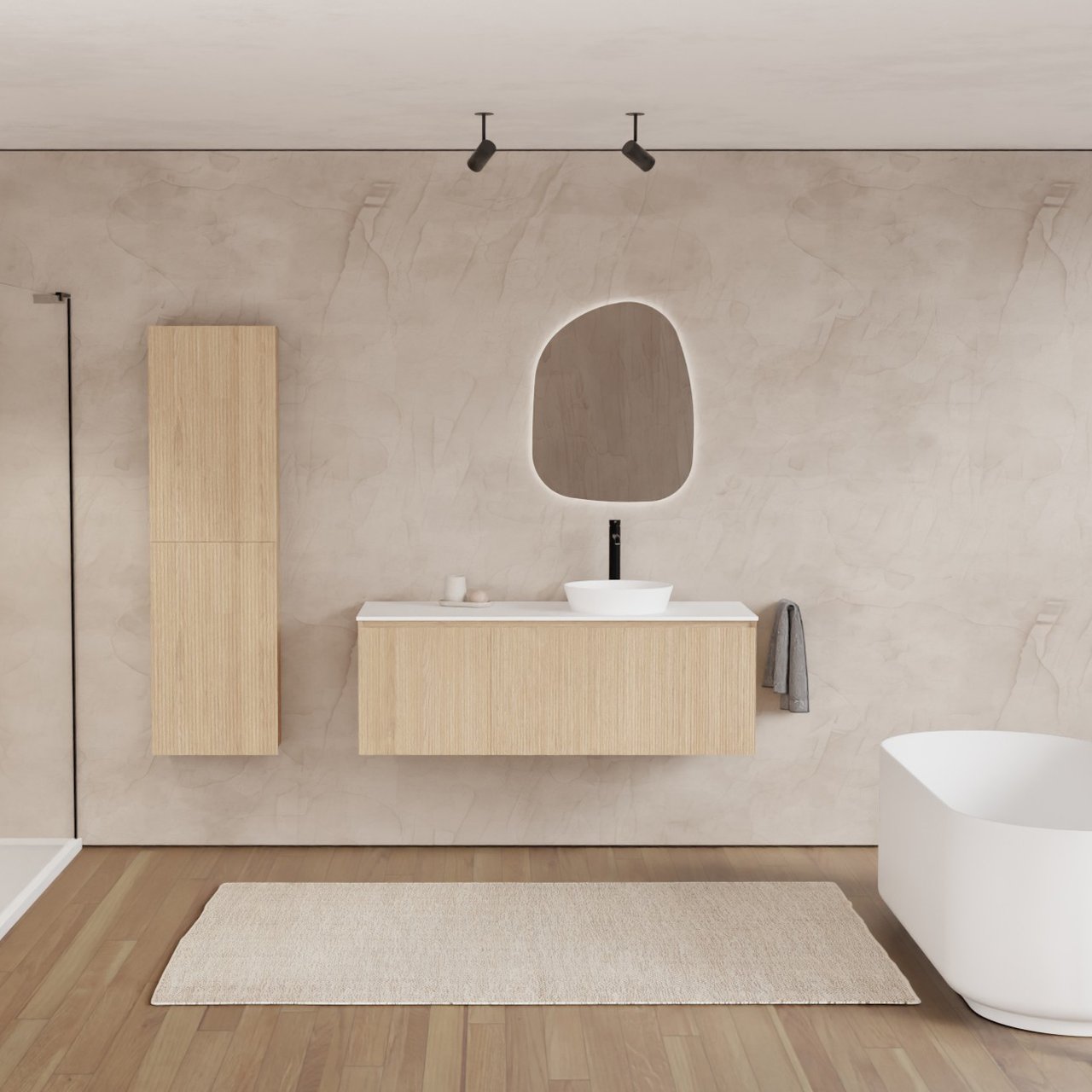 Balmani Fila zwevend badkamermeubel 135 x 55 cm natuur eik met Stretto enkel of dubbel tablet in solid surface mat wit, Verticale symmetrische rechte ribbel