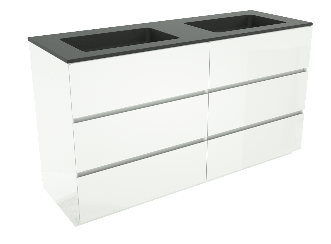 Storke Edge freistehendes Möbelstück Set: 150 x 52 cm, Weiß glänzend, mit Scuro Doppelwaschtisch, Quarz Schwarz matt