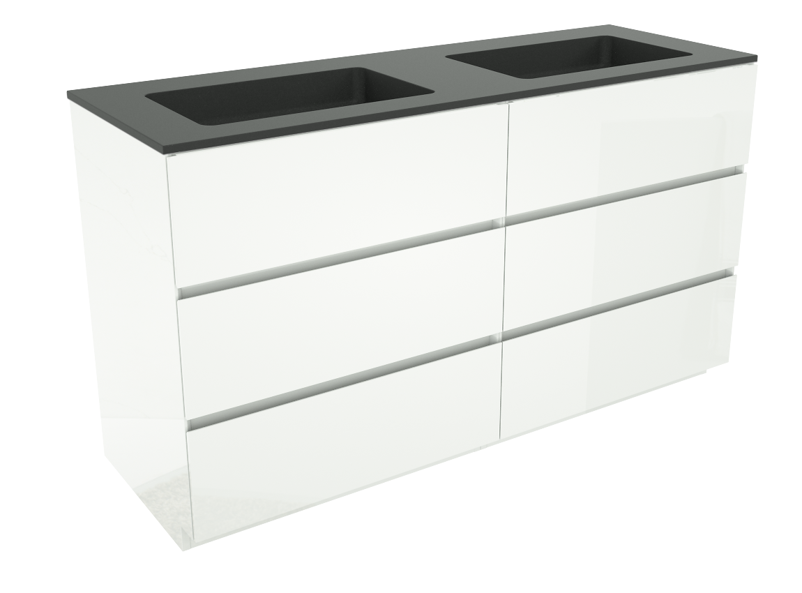 Storke Edge freistehendes Möbelstück Set: 150 x 52 cm, Weiß glänzend, mit Scuro Doppelwaschtisch, Quarz Schwarz matt