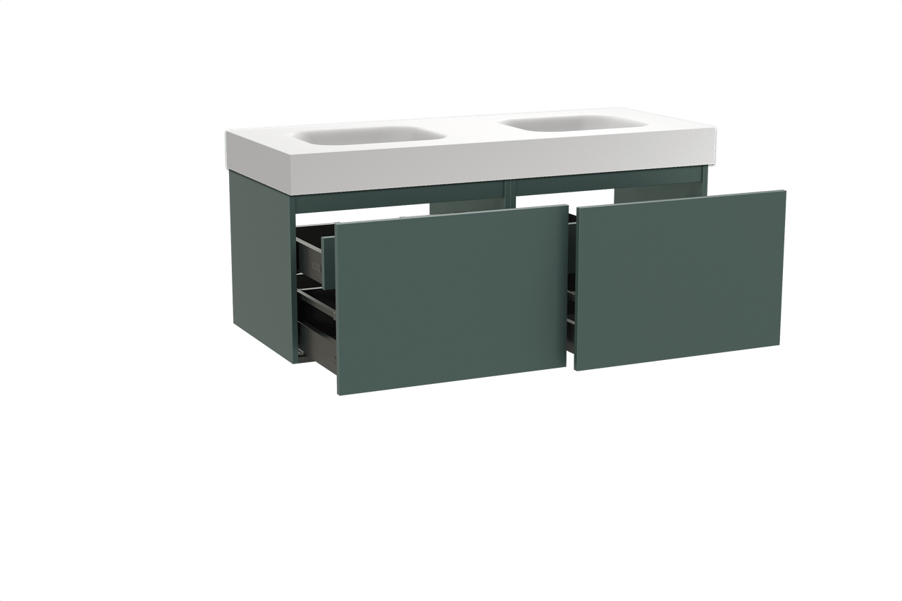 Balmani Sfera zwevend badkamermeubel 135 x 55 cm forest met Arcato dubbele wastafel in solid surface mat wit