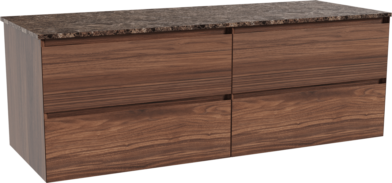 Balmani Mitra hängendes Möbelstück Set: 150 x 55 cm, Nussbaum, mit Stretto Einzel- oder Doppel Waschtischplatte, Marmor Dark Emperador