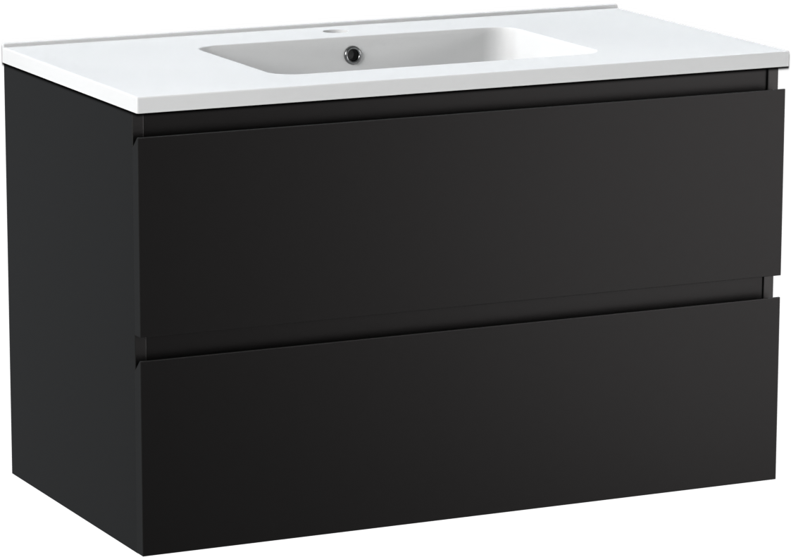 Linie Lado hängendes Möbelstück Set: 90 x 46 cm, Schwarz matt, mit Vano Einzelwaschtisch, Marmorkomposit Weiß matt und Montro Spiegelschrank