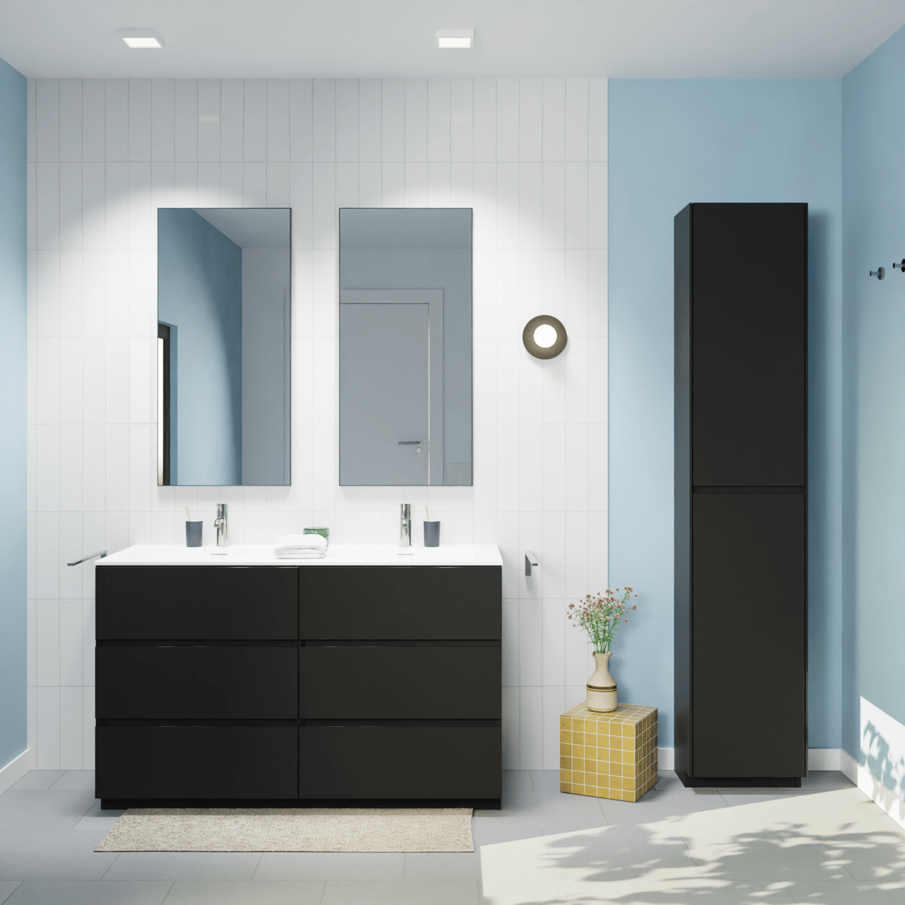 Storke Edge staand badmeubel 130 x 52 cm mat zwart met Mata dubbele wastafel in solid surface mat wit