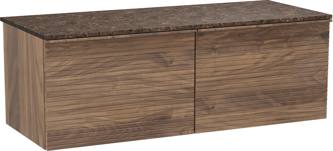 Balmani Forma zwevend badmeubel 135 x 55 cm amerikaans notenhout met Stretto enkel of dubbel wastafelblad in marmer dark emperador, Horizontale symmetrische rechte ribbel