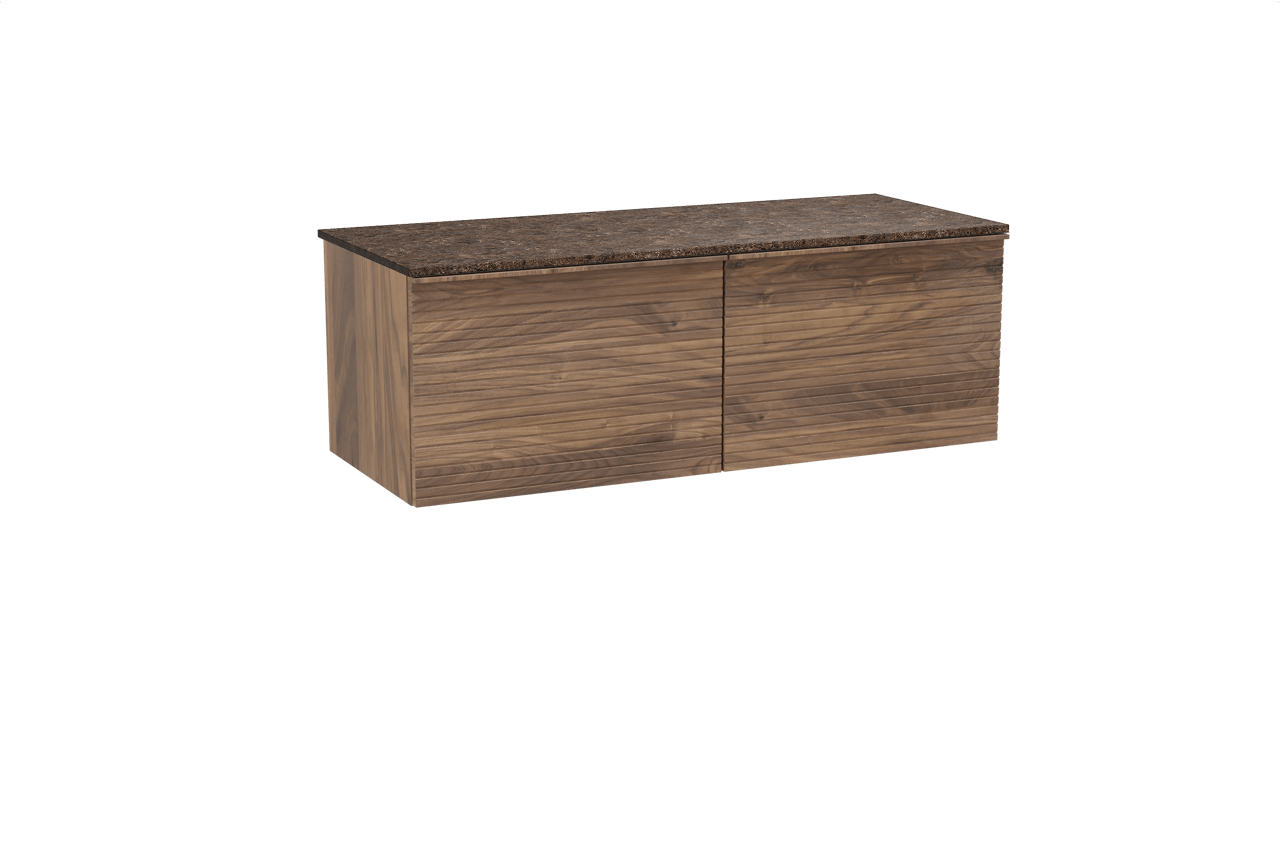 Balmani Forma zwevend badkamermeubel 135 x 55 cm amerikaanse notelaar met Stretto enkel of dubbel tablet in marmer dark emperador, Horizontale symmetrische rechte ribbel