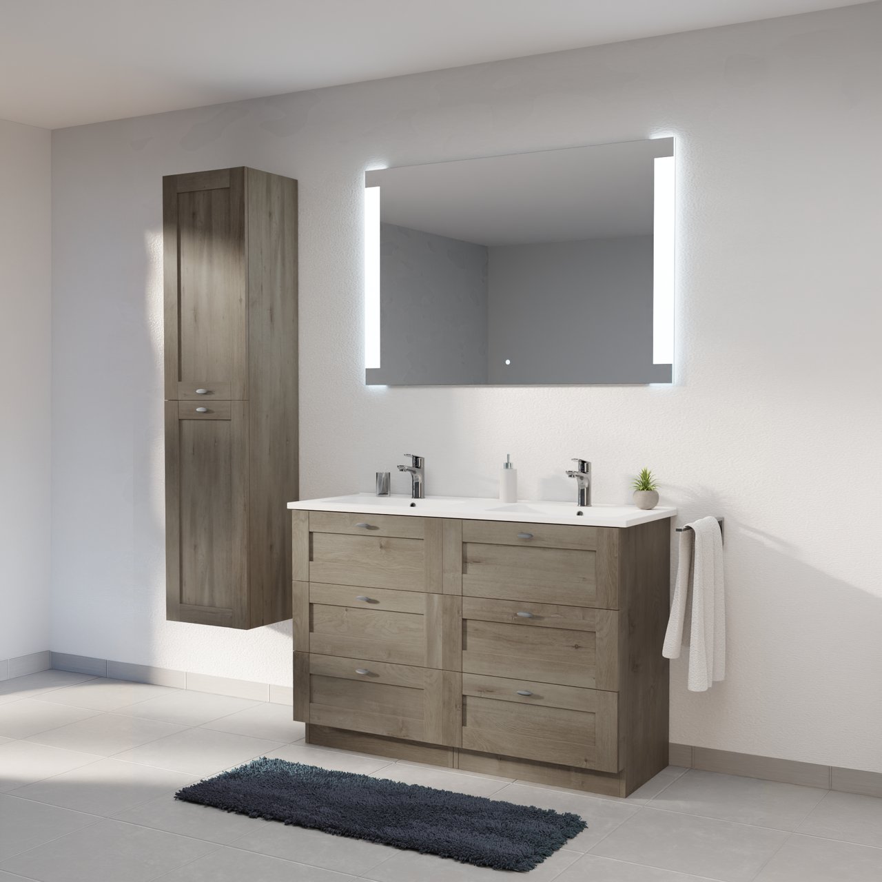 Linie Classo staand badkamermeubel 120 x 46 cm grijze eik met Vano dubbele wastafel in composietmarmer mat wit