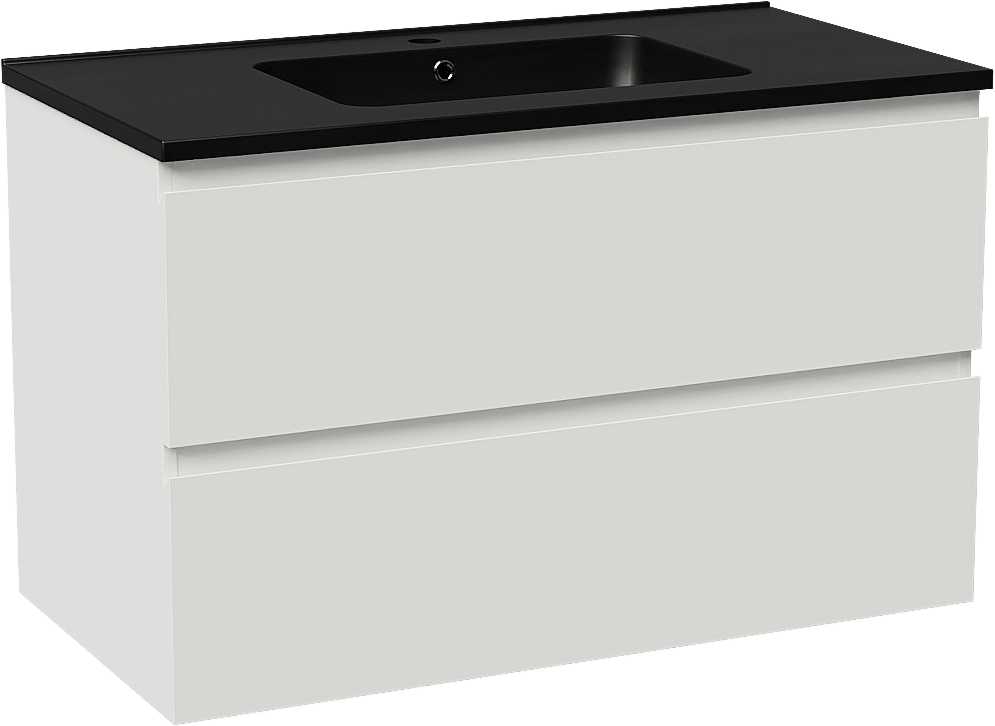 Linie Lado zwevend badmeubel 90 x 46 cm mat wit met Vano enkele wastafel in composietmarmer mat zwart