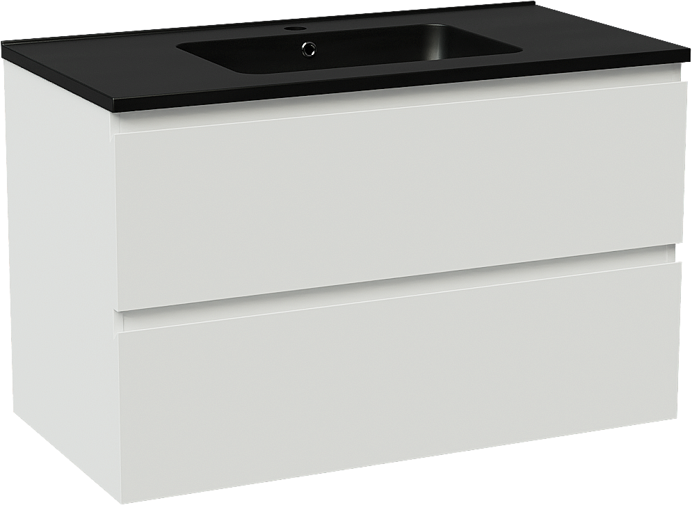Linie Lado hängendes Möbelstück Set: 90 x 46 cm, Weiß matt, mit Vano Einzelwaschtisch, Marmorkomposit Schwarz matt
