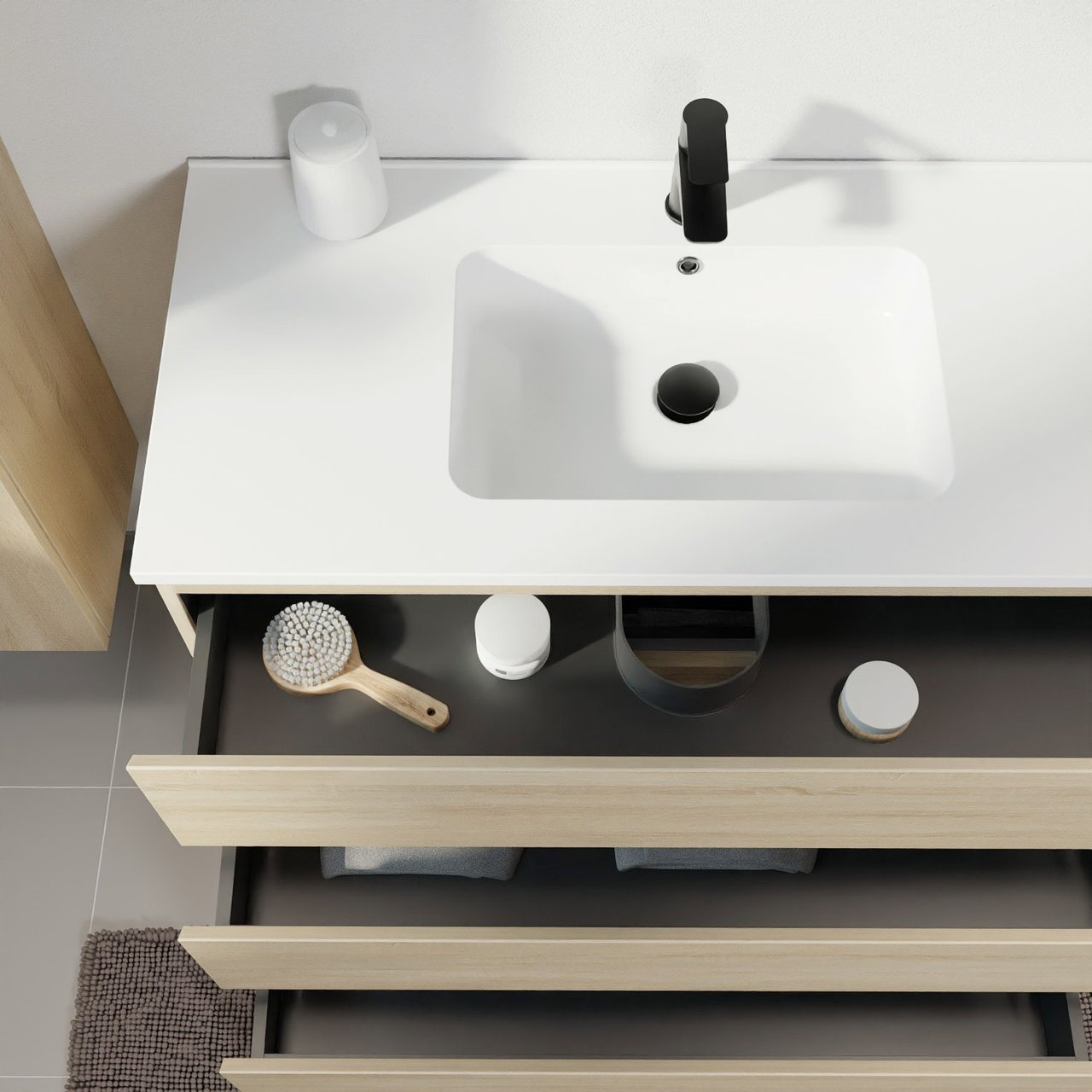 Linie Lado staand badmeubel 100 x 46 cm wit eiken met Vano enkele wastafel in composietmarmer mat wit