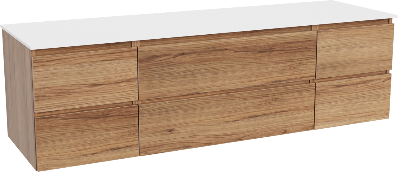 Balmani Lucida meuble salle de bains suspendu 180 x 55 cm teck avec Stretto tablette simple ou double en solid surface blanc mat