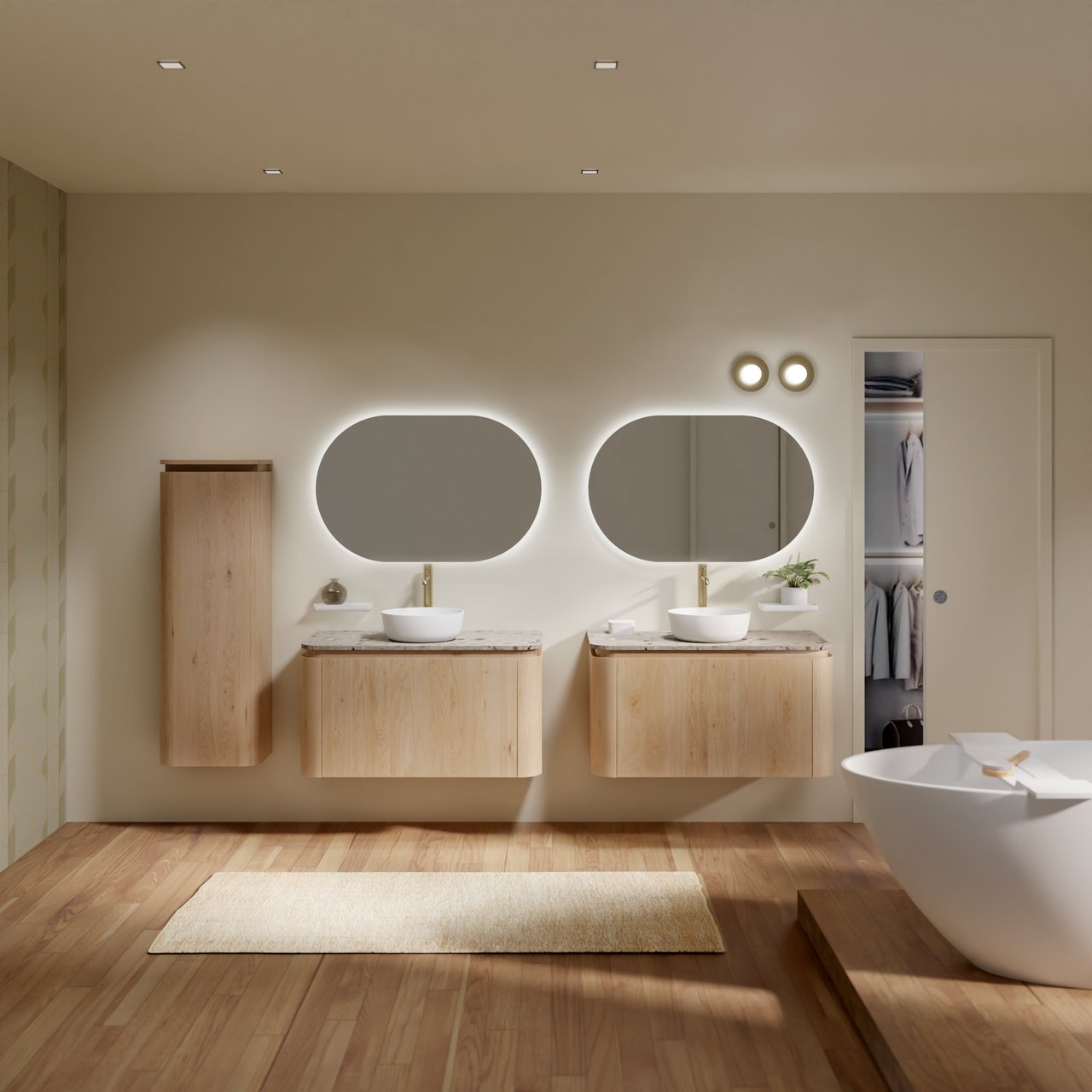 Balmani Moon zwevend badmeubel 100 x 55 cm naturel eiken met Moon enkel wastafelblad in terrazzo greige terrazzo