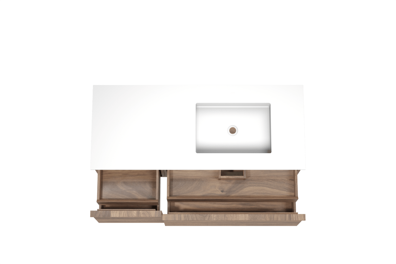 Balmani Forma hängendes Möbelstück Set: 135 x 55 cm, Amerikanischer Nussbaum, mit Tablo Stretto Waschtisch rechts, Solid Surface, Weiß matt, Horizontale symmetrische gerade Rippe