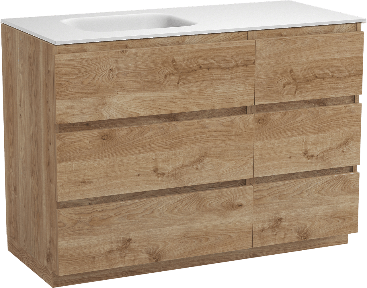 Balmani Lucida freistehendes Möbelstück Set: 120 x 55 cm, Rohe Eiche, mit Tablo Arcato Waschtisch links, Solid Surface Weiß matt