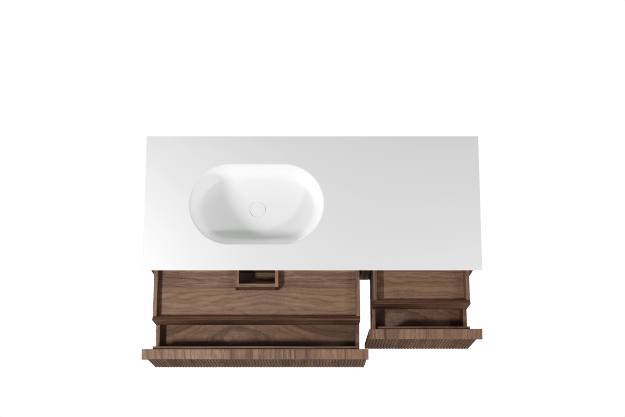 Balmani Forma hängendes Möbelstück Set: 135 x 55 cm, Amerikanischer Nussbaum, mit Tablo Oval Waschtisch links, Solid Surface, Weiß matt, Vertikale symmetrische gerade Rippe