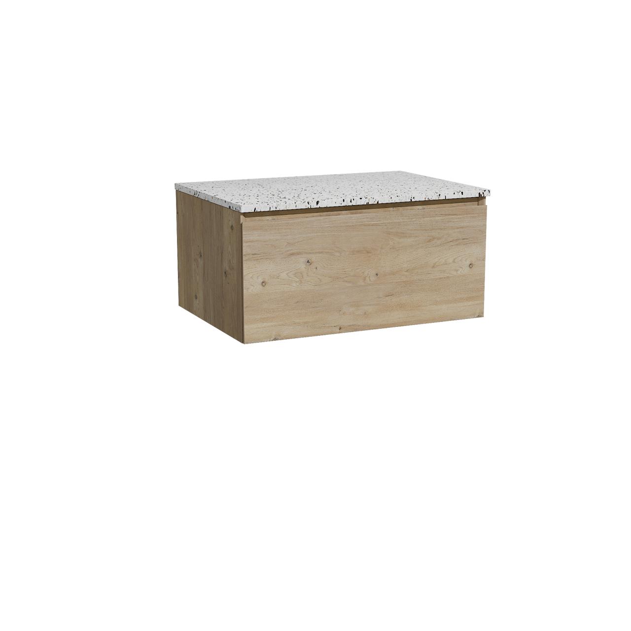 Storke Edge hängendes Möbelstück Set: 75 x 52 cm, Rohe Eiche, mit Tavola Einzel Waschtischplatte, Terrazzo in Weiß/Schwarz matt