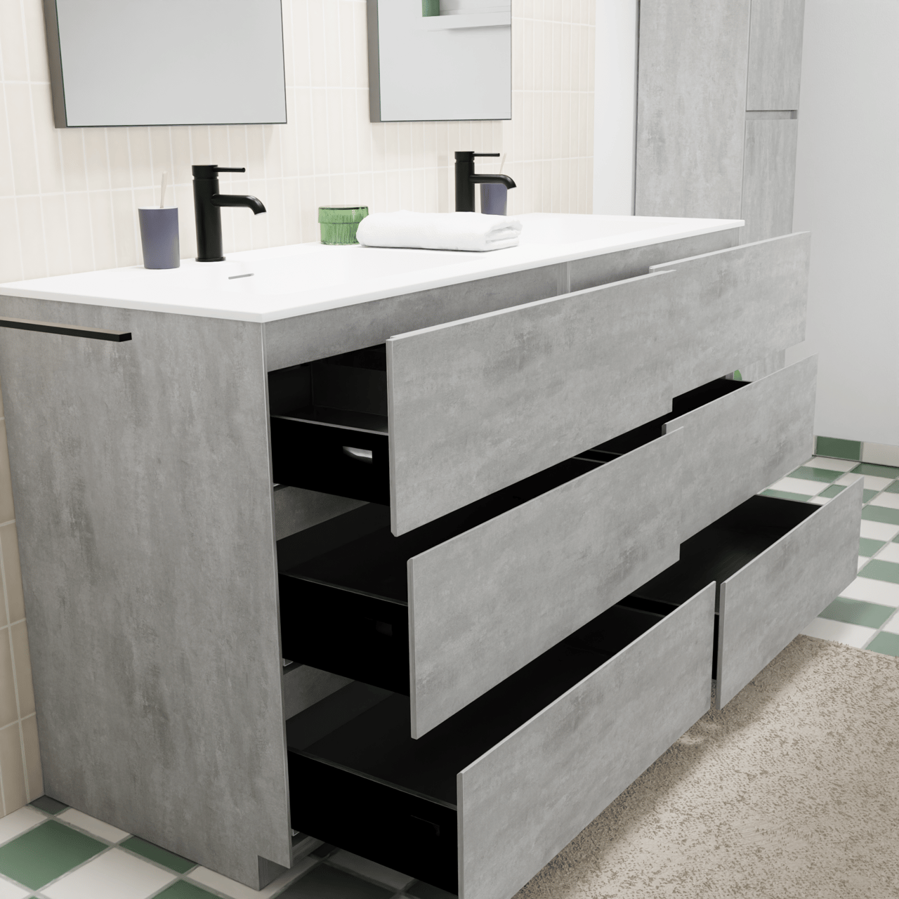 Storke Edge freistehendes Möbelstück Set: 150 x 52 cm, Beton dunkelgrau, mit Mata Doppelwaschtisch, Solid Surface Weiß matt