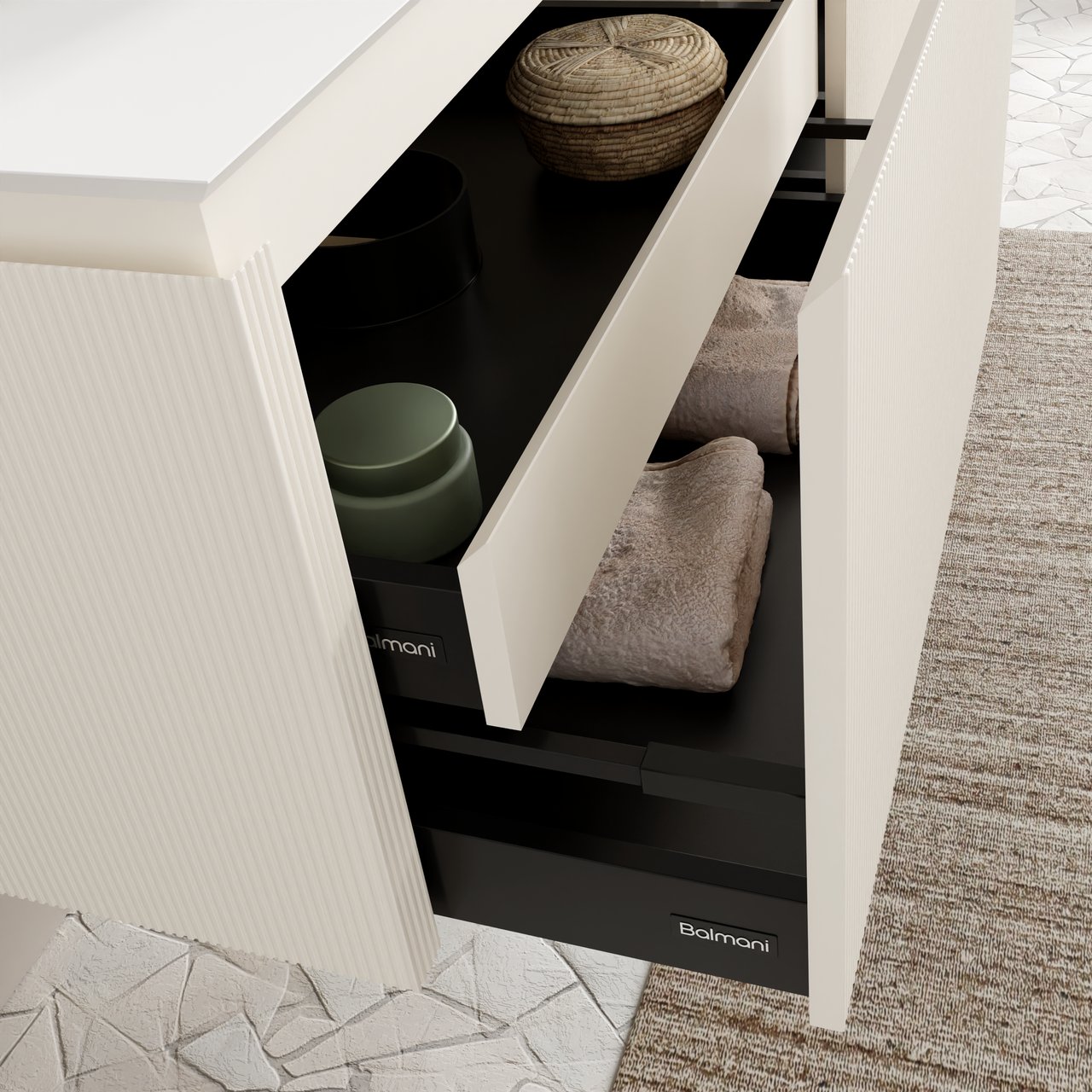 Balmani Eclips meuble salle de bains suspendu 90 x 55 cm Sandbeige avec Eclips plan simple en Solid Surface blanc mat, Nervure droite symétrique verticale