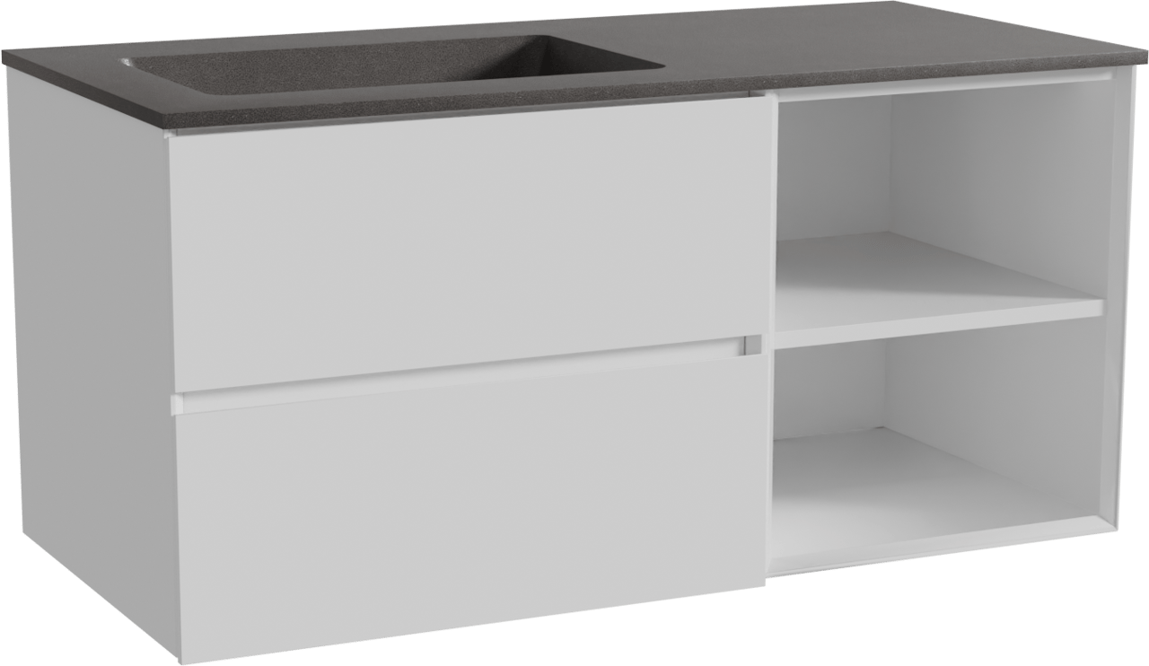 Storke Edge zwevend badmeubel 110 x 52 cm hoogglans wit met Scuro asymmetrisch linkse wastafel in kwarts mat zwart