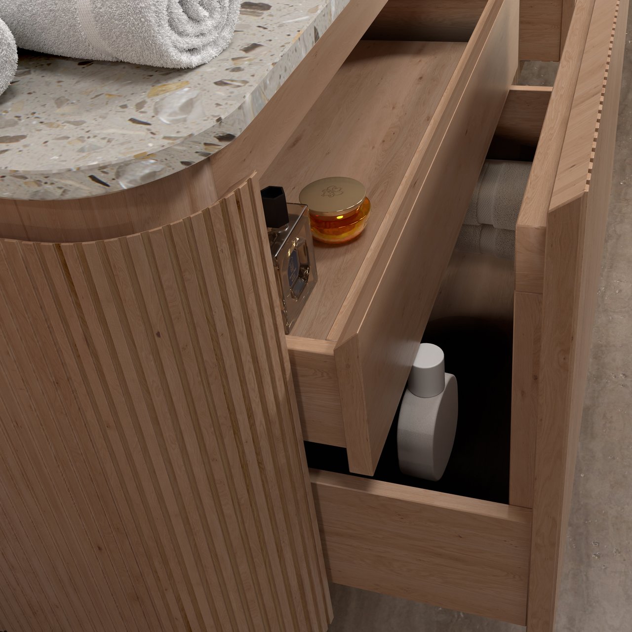 Balmani Moon meuble salle de bains suspendu 100 x 55 cm chêne naturel avec Moon tablette simple en terrazzo greige terrazzo, Nervure droite symétrique verticale