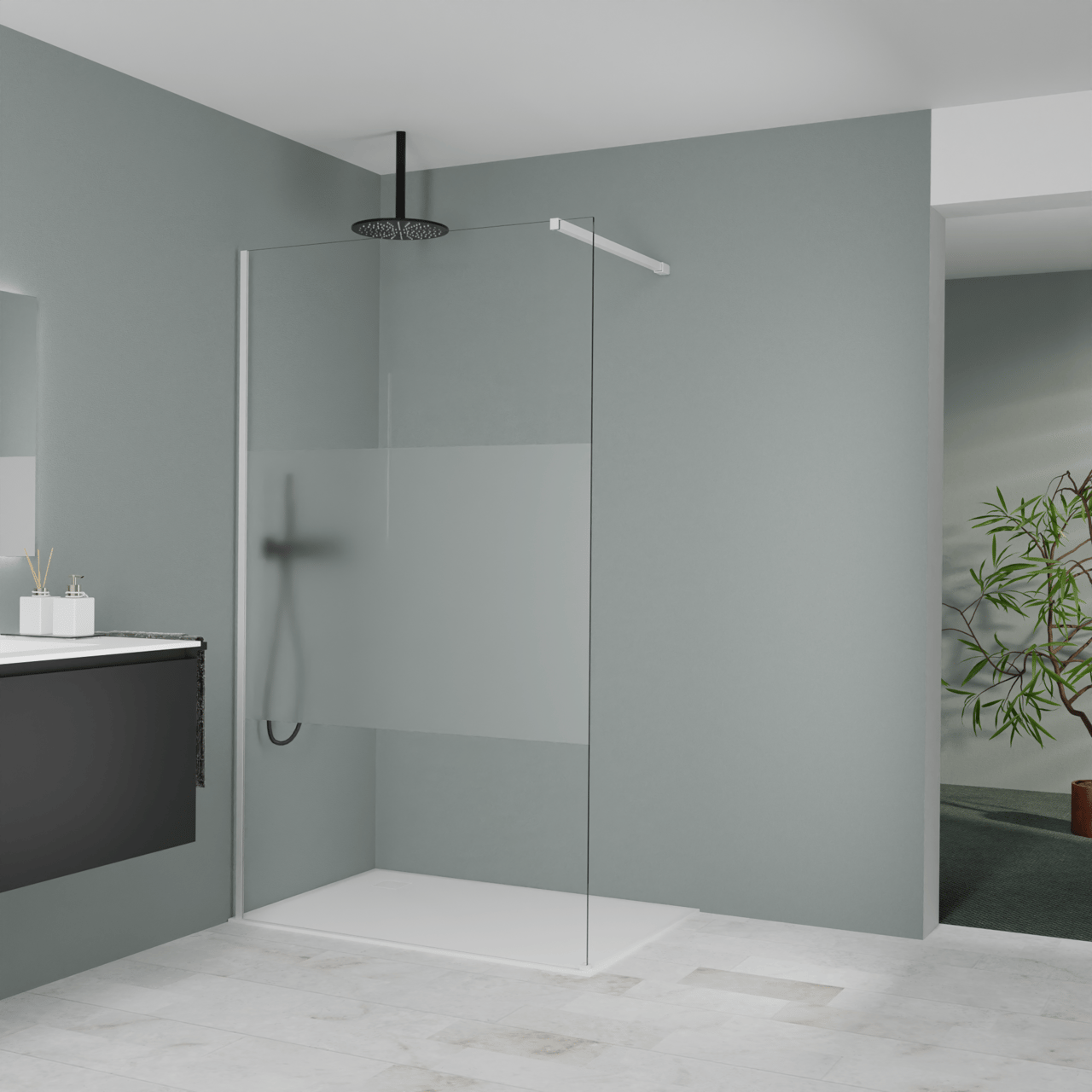 Balmani Modular Walk-In Dusche: 120 x 200 cm, Klarglas mit mattiertem Streifen, inklusive Coating, Profil Weiß matt