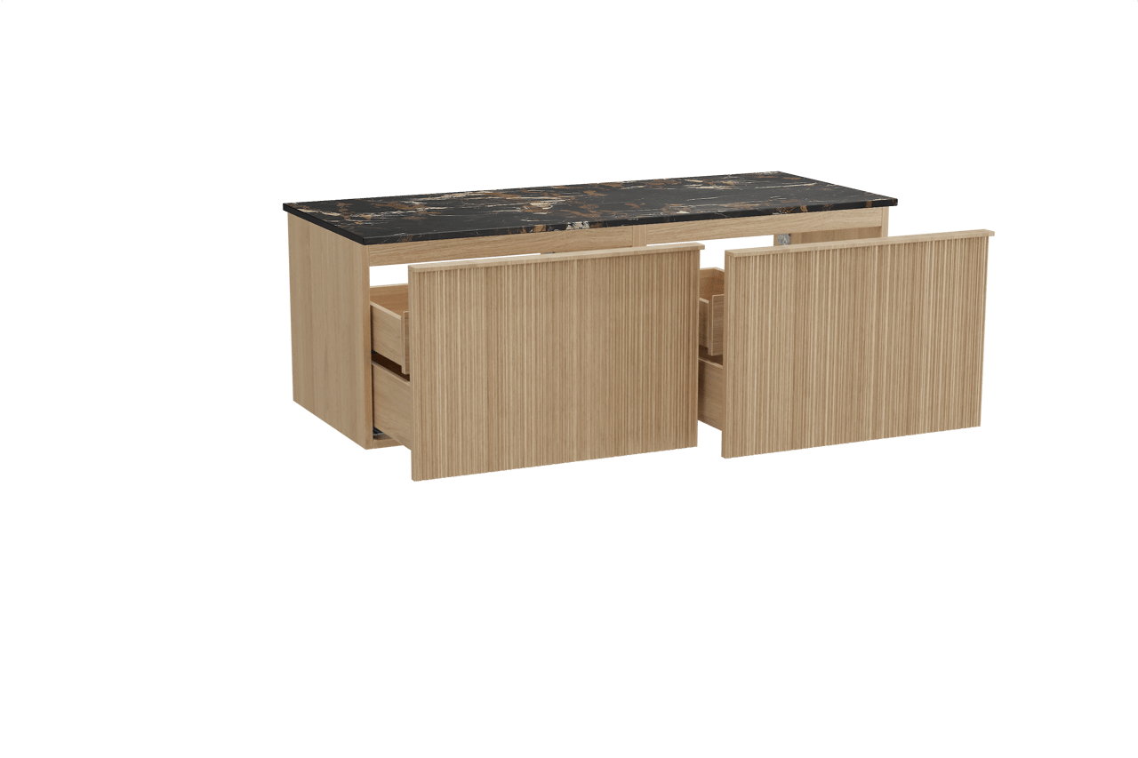 Balmani Forma zwevend badkamermeubel 135 x 55 cm natuur eik met Stretto enkel of dubbel tablet in marmer portoro gold, Verticale asymmetrische ronde ribbel