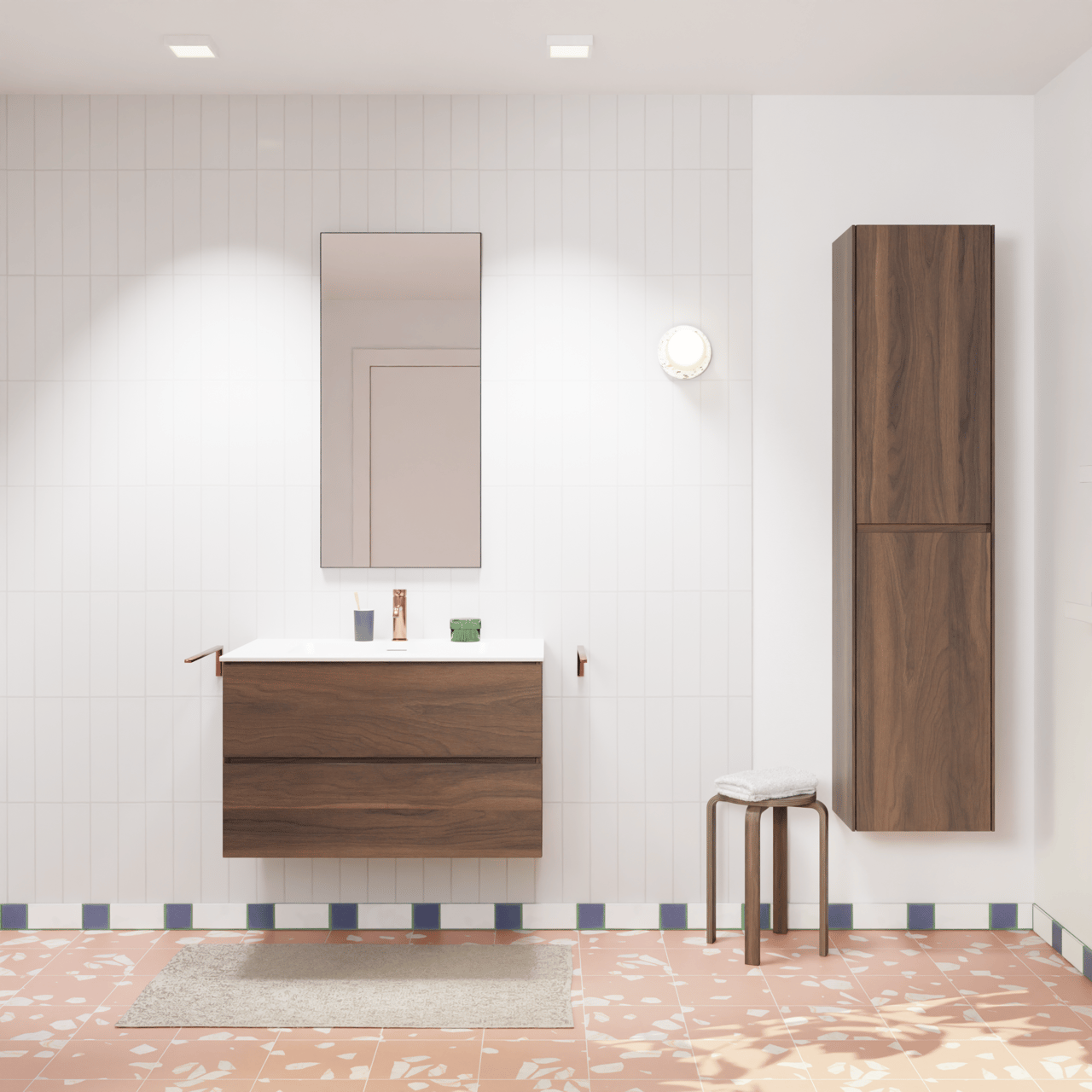 Storke Edge zwevend badkamermeubel 85 x 52 cm notelaar met Mata enkele wastafel in solid surface mat wit