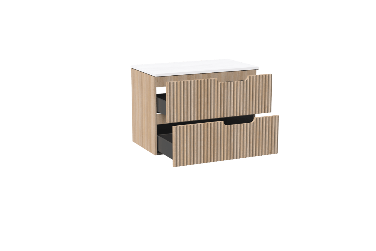 Linie Ribbo hängendes Möbelstück Set: 80 x 46 cm, Helle Eiche, mit Lado Einzel Waschtischplatte, Marmorkomposit, Weiß matt, Vertikale symmetrische runde Rippe