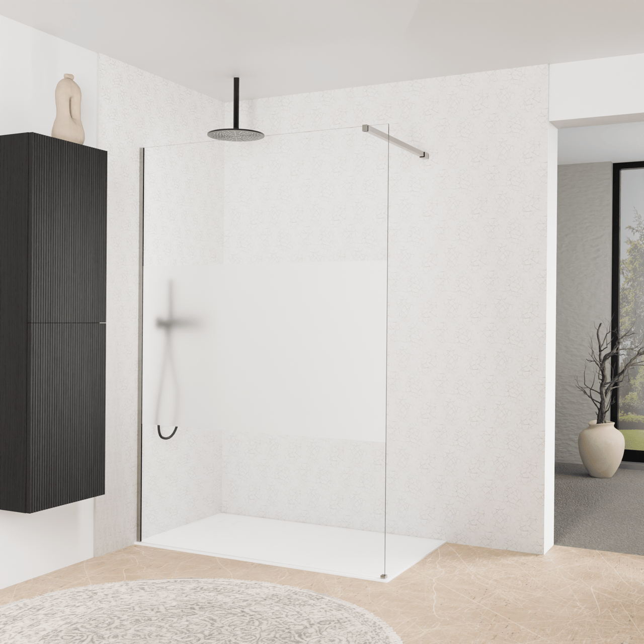 Balmani Modular inloopdouche: 140 x 200 cm, Helder glas met matte strook met coating, Brushed Inox profielen