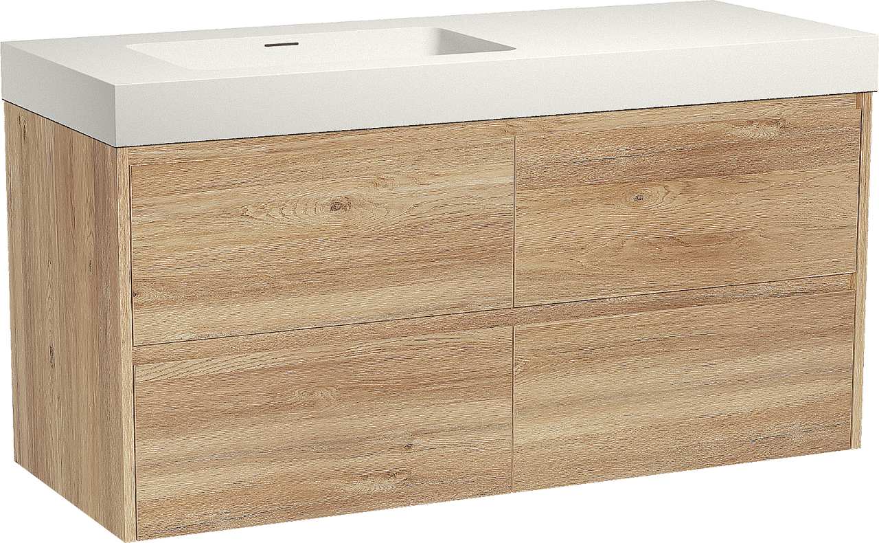 Storke Seda meuble salle de bains suspendu 130 x 52 cm chêne brut avec Mata High plan vasque asymétrique à gauche en solid surface blanc mat