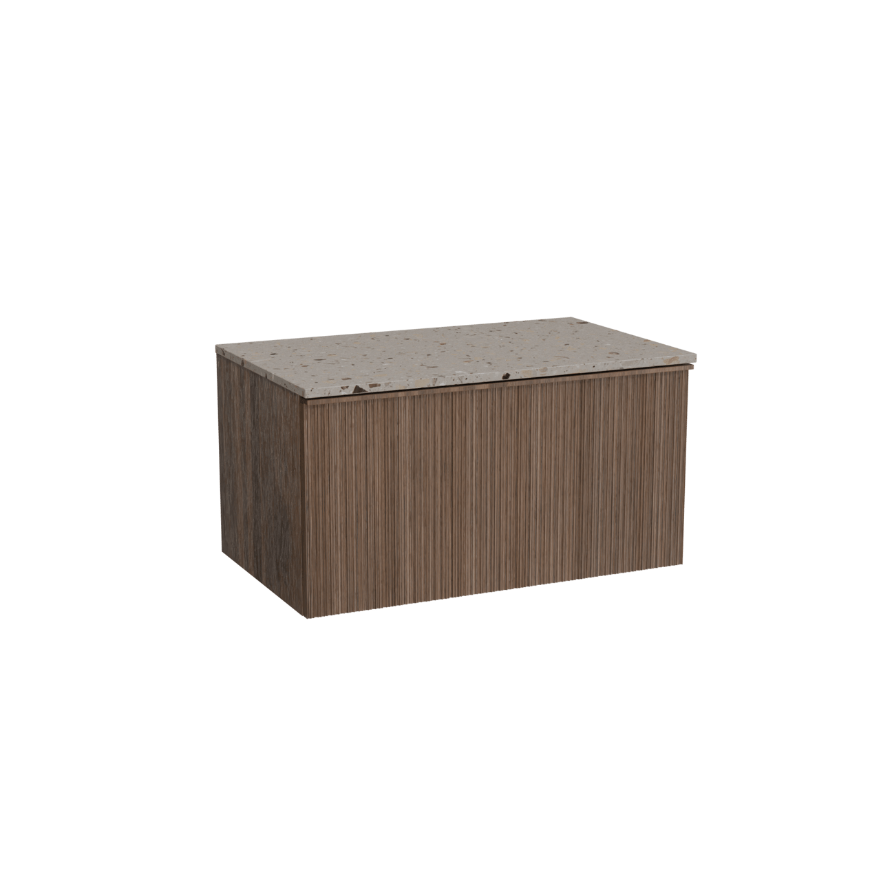 Balmani Forma hängendes Möbelstück Set: 90 x 55 cm, Amerikanischer Nussbaum, mit Stretto Einzel Waschtischplatte, Terrazzo in Greige, Vertikale asymmetrische Runde Rippe