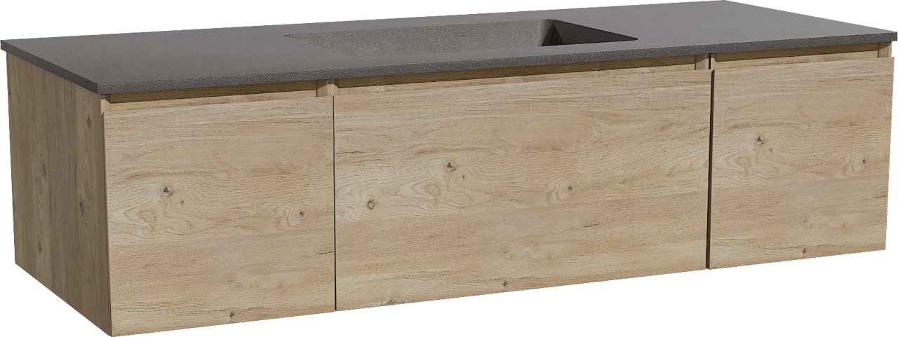 Storke Edge zwevend badmeubel 135 x 52 cm ruw eiken met Scuro enkele wastafel in kwarts mat zwart