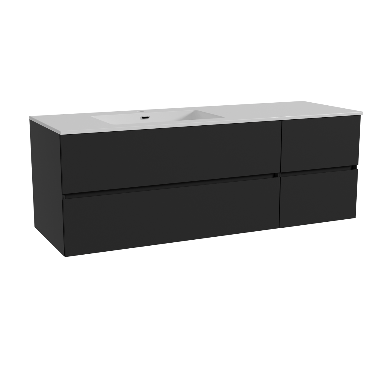 Storke Edge meuble salle de bains suspendu 150 x 52 cm noir mat avec Diva plan vasque asymétrique à gauche en marbre composite blanc brillant