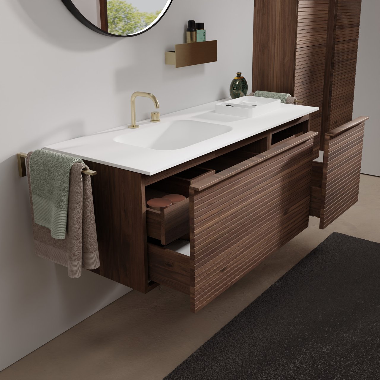 Balmani Forma hängendes Möbelstück Set: 135 x 55 cm, Amerikanischer Nussbaum, mit Tablo Arcato Waschtisch links, Solid Surface, Weiß matt, Horizontale symmetrische gerade Rippe