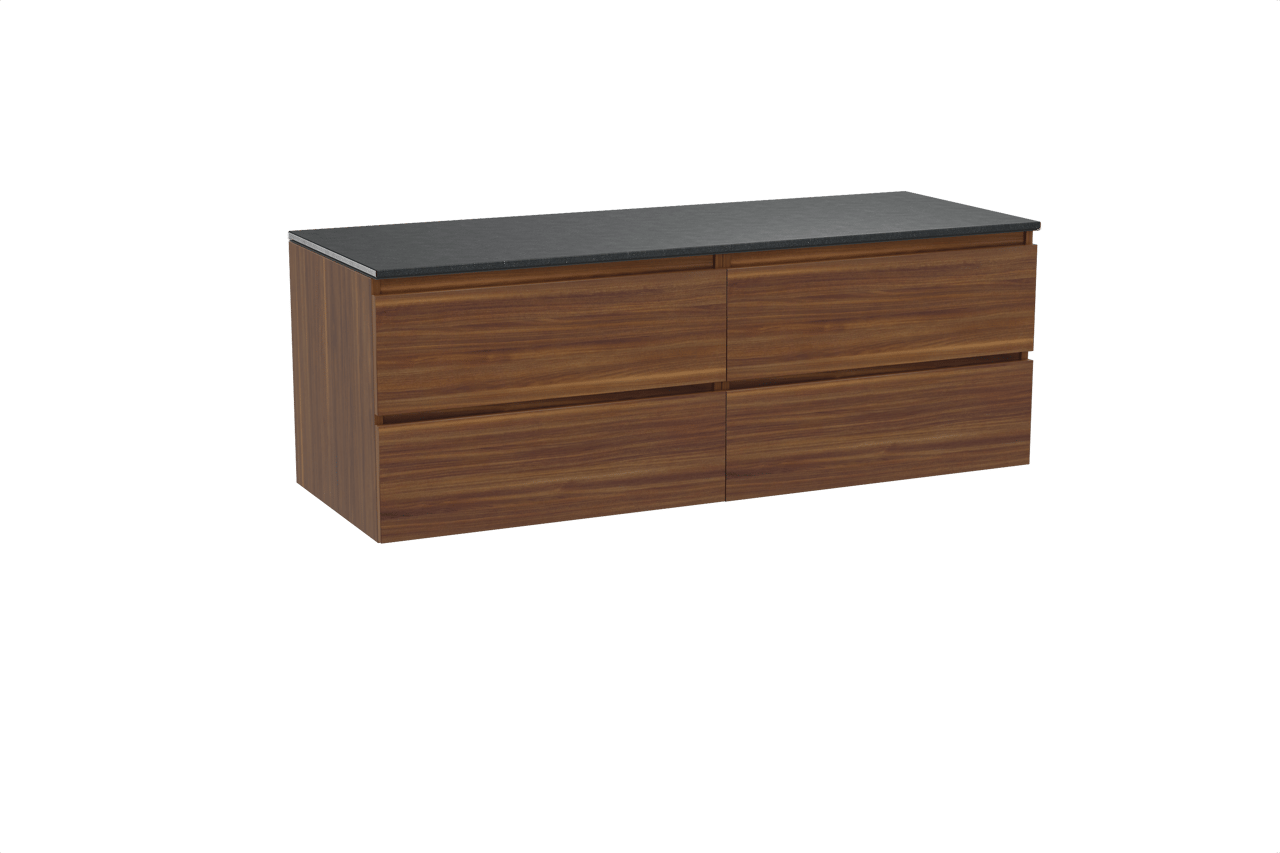 Balmani Lucida hängendes Möbelstück Set: 150 x 55 cm, Amerikanischer Nussbaum, mit Stretto Einzel- oder Doppel Waschtischplatte, Schwarzes Granit