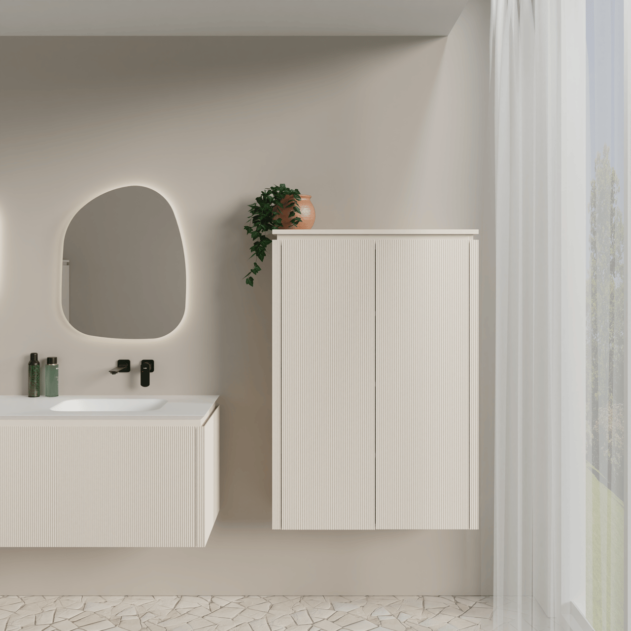 Balmani Eclips Ribs zwevende badkamerkast Sandbeige 90 x 32 x 130 cm vert. sym. groef