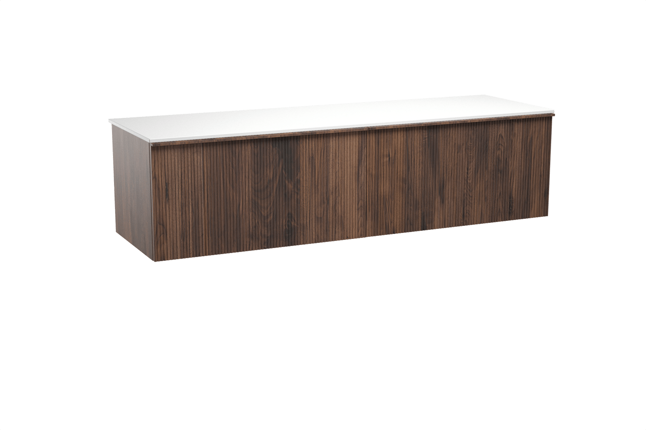 Balmani Forma meuble salle de bains suspendu 180 x 55 cm noyer américain avec Stretto tablette simple ou double en solid surface blanc mat, Nervure droite symétrique verticale