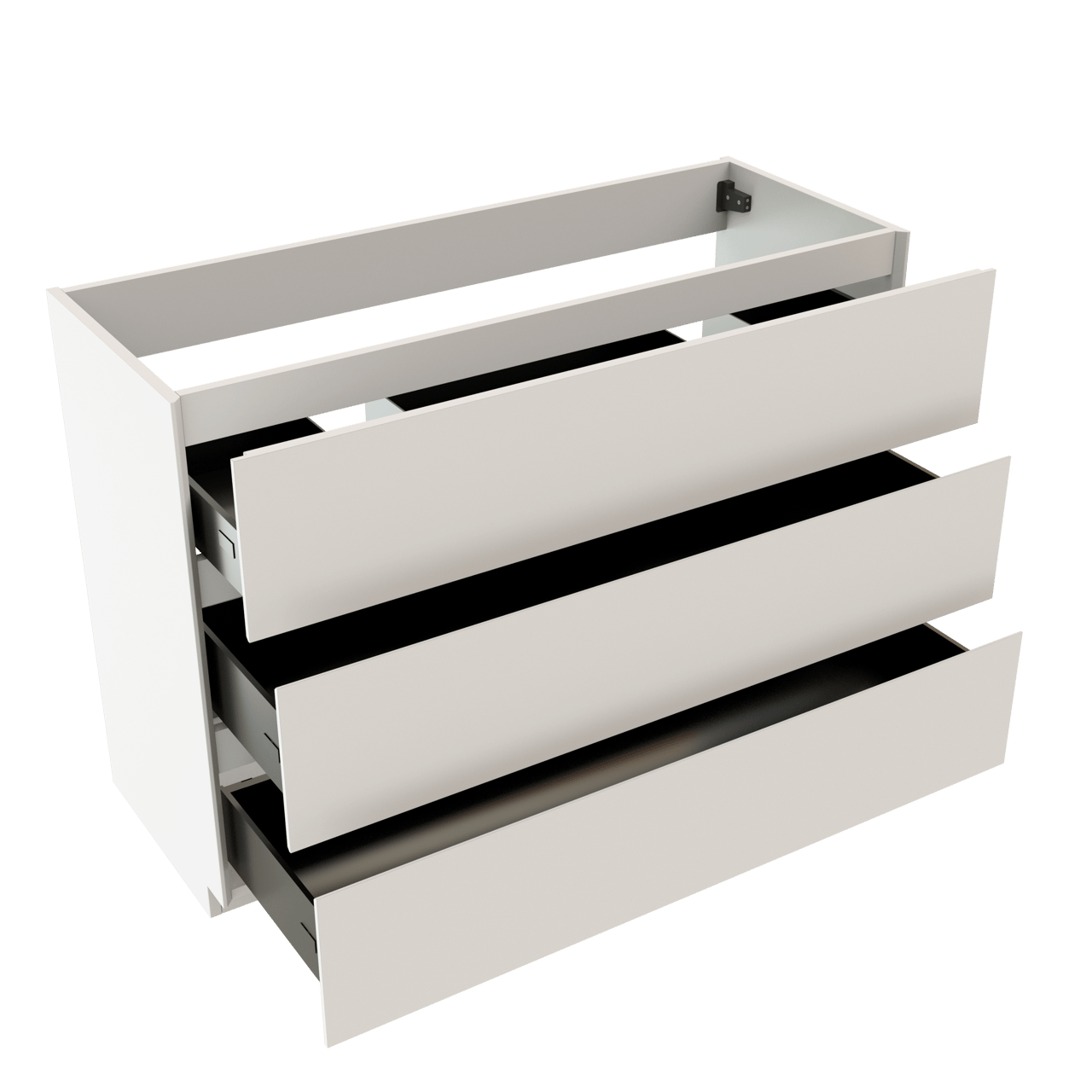 Storke Edge stehender Waschbeckenunterschrank: 120 x 46 cm, Weiß matt, 3 Schubladen, 2 Siphonaussparungen