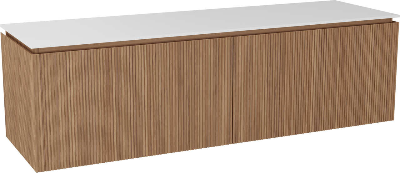 Balmani Eclips meuble salle de bains suspendu 180 x 55 cm Teck avec Stretto tablette simple ou double vasque en Solid Surface blanc mat, Nervure droite symétrique verticale