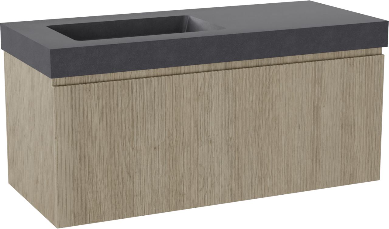 Storke Ribs meuble salle de bains suspendu 120 x 52 cm chêne brut avec Scuro High plan vasque asymétrique à gauche en quartz noir mat, Nervure droite symétrique verticale