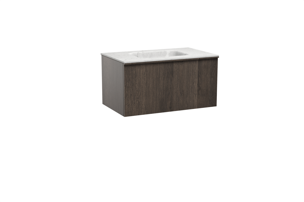 Balmani Forma hängendes Möbelstück Set: 90 x 55 cm, Geräucherte Eiche, mit Tablo Arcato Einzelwaschtisch, Marmor, Carrara, Vertikale symmetrische gerade Rippe