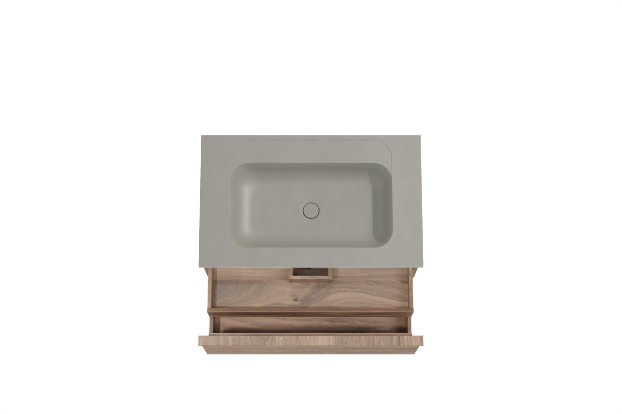 Balmani Forma zwevend badkamermeubel 90 x 55 cm amerikaanse notelaar met Tablo Strada enkele wastafel in composietmarmer zijdegrijs, Horizontale symmetrische rechte ribbel