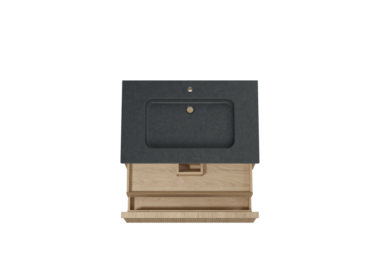 Balmani Forma meuble salle de bains suspendu 90 x 55 cm chêne naturel avec Napoli plan simple en granit noir, Nervure droite symétrique verticale